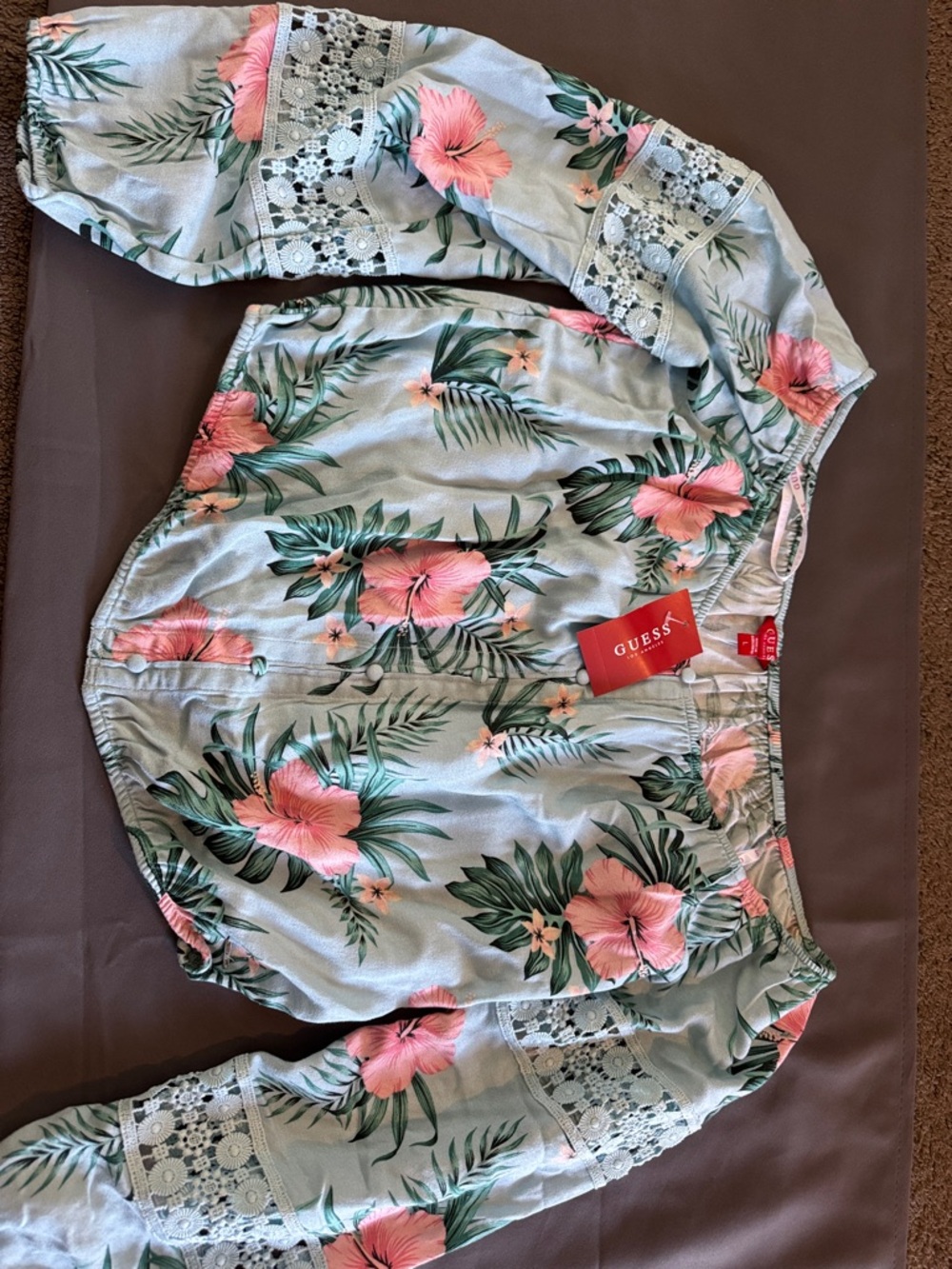 GUESS Mint Off-Shoulder Top with Pink Floral Print